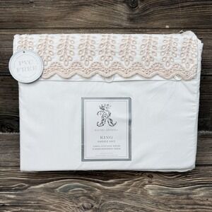 Rachel Ashwell Embroidered Eyelet Hem King Sheet Set White Pink 100% Cotton  NEW